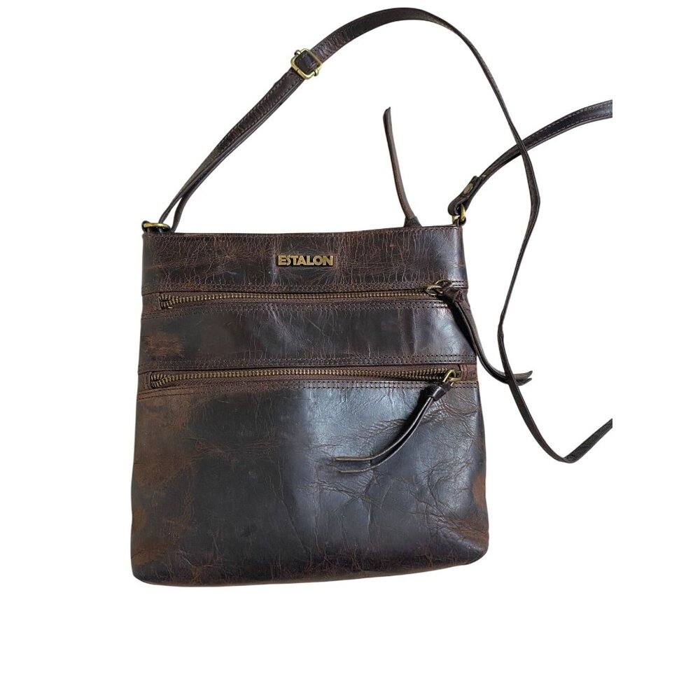 Estalon Brown Leather Crossbody Bag Zip Adjustable Strap OS 9"X 9" Boho Rustic‎